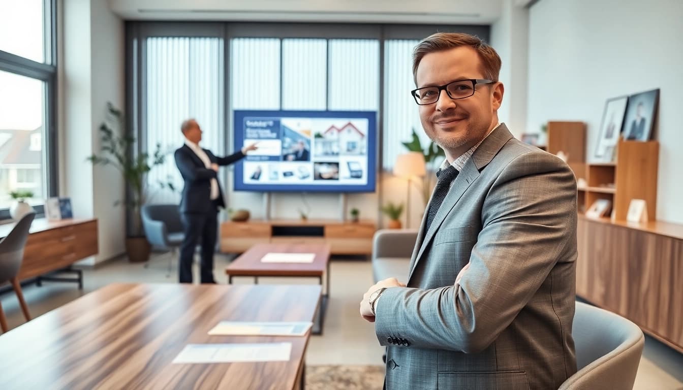 Immobilienmakler Frankfurt Eckenheim präsentiert moderne Immobilien im Licht durchfluteten Büro.