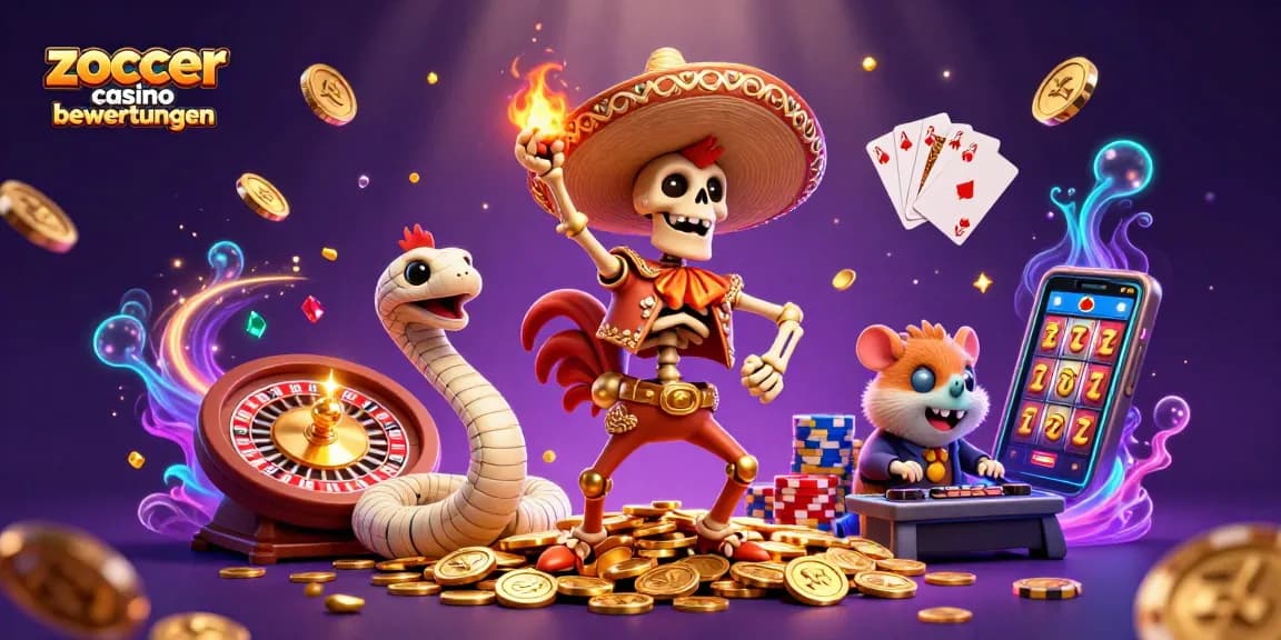 Zoccer casino bewertungen showcase with vibrant cartoon characters and casino elements celebrating big wins