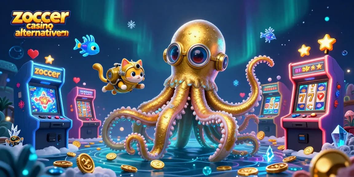 Zoccer Casino Alternativen erkunden: Ein lebendiges Bild mit einem Kraken und einem tauchenden Kätzchen, umgeben von Spielgeräten.