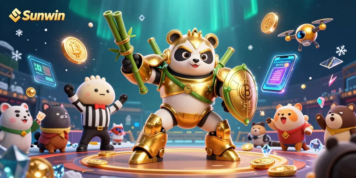 Experience thrilling gameplay at Sunwin with a dynamic 3D casino scene featuring a golden panda in action.