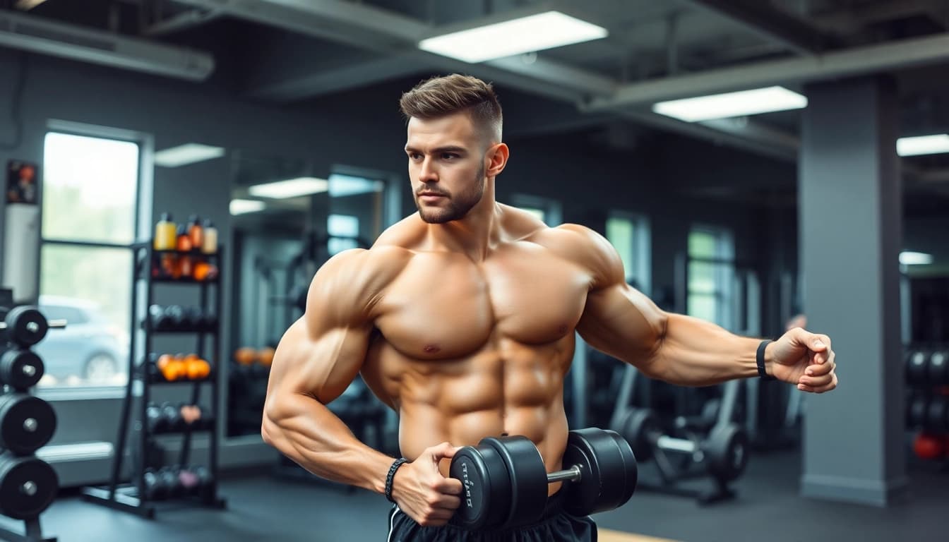 Professionelle Fitnessaufnahme mit Nandrolon und Unique Pharma Steroids Produkten im Fokus.