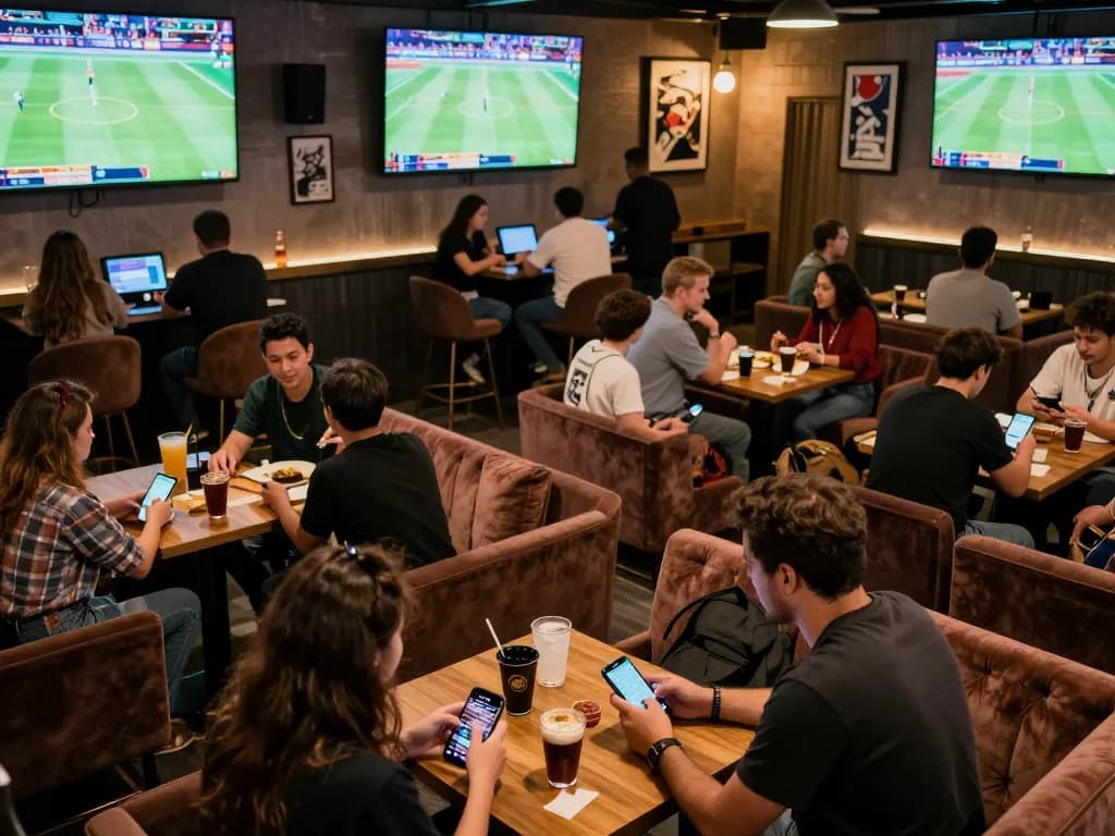 79king patrons engaging in live sports betting with mobile devices and multiple screens