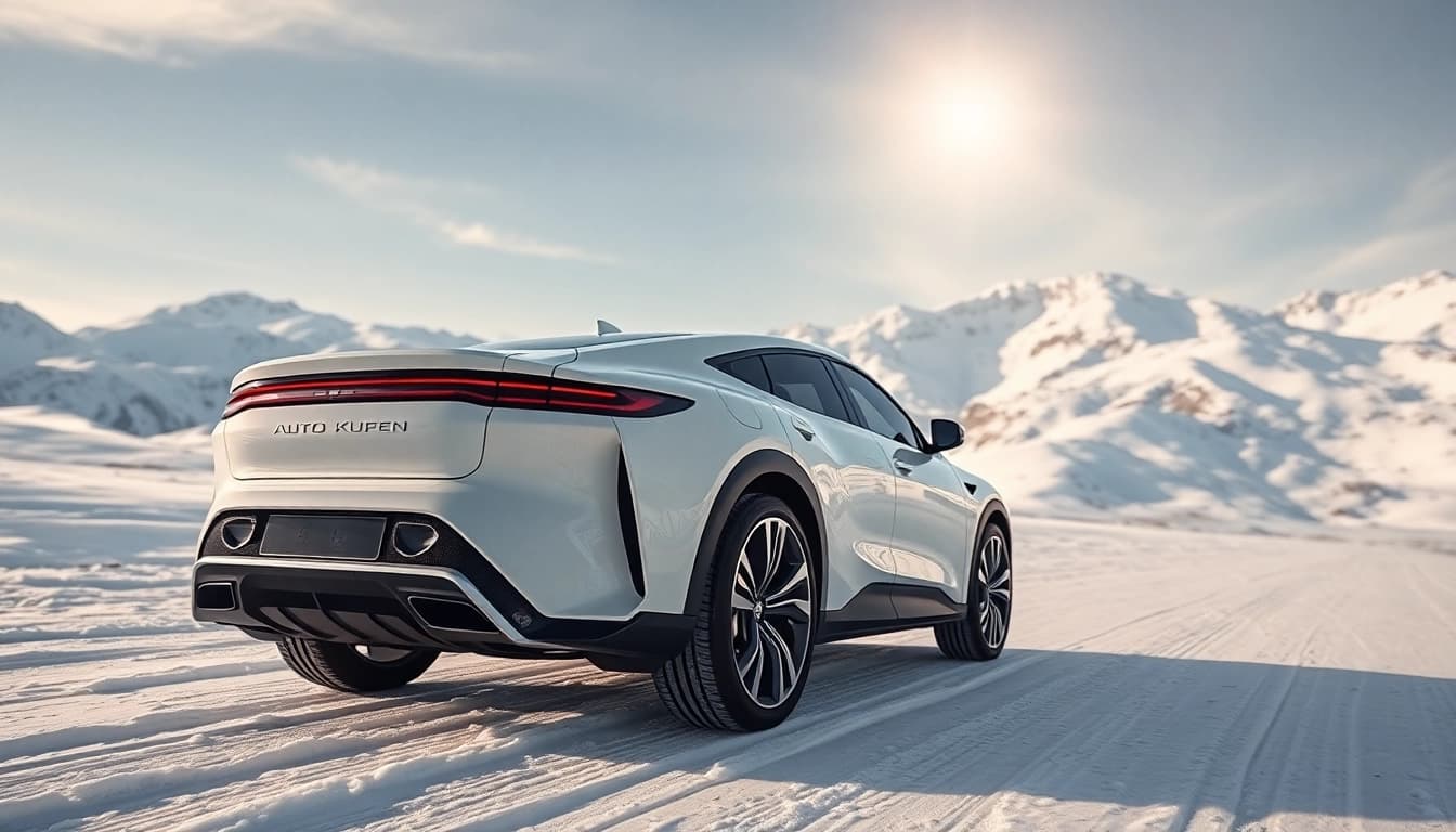Fahre mit Auto Kufen auf einer schneebedeckten Landschaft für ein kühles Winterabenteuer.