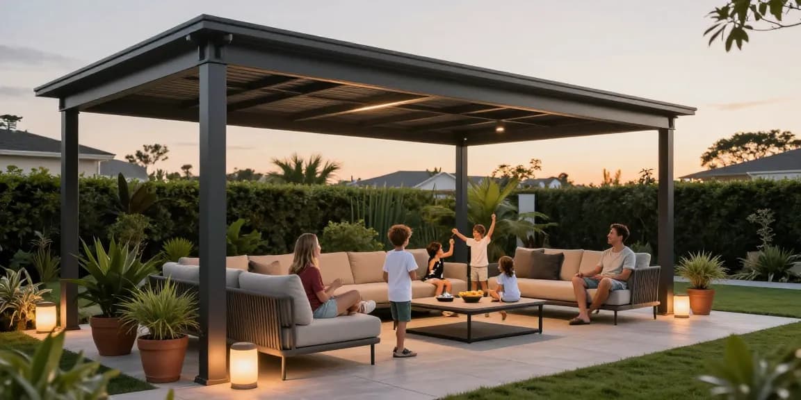 Familie unter einer eleganten Terrassenüberdachung genießen die Zeit im Garten.