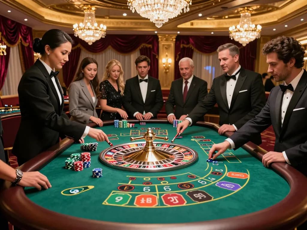 CM88 players engaging in an exciting roulette game with colorful chips and a dealer in a luxurious casino.