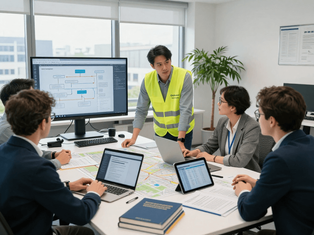 Professionelles Team in einem Vermessungsbüro diskutiert Datenschutz für Vermessungsbüros und ÖbVI.