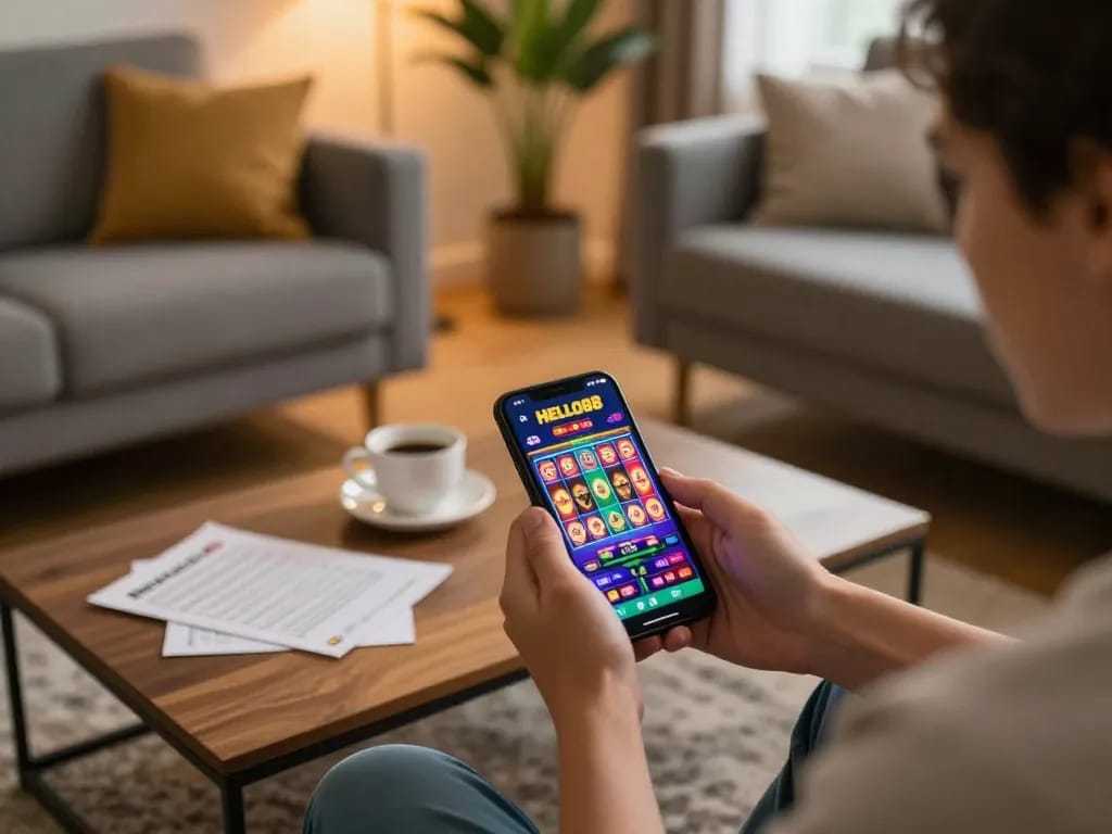 Player engaging with the HELLO88 casino app, enjoying a slot game in a cozy home setting.