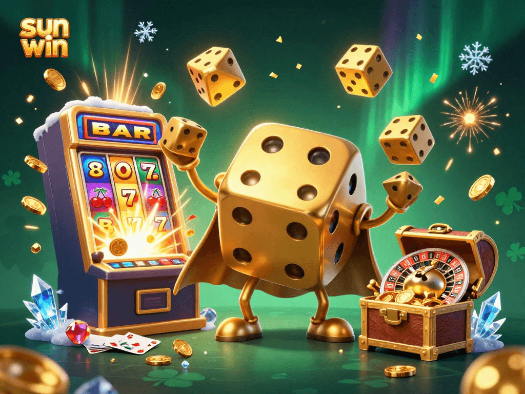 Experience the thrill of sun win as a golden dice golem and companion bring casino excitement alive in 3D!