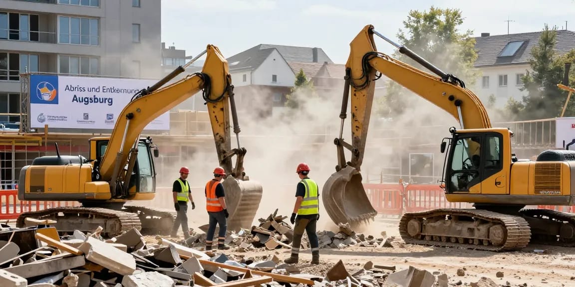 Eine Baustelle, die Abriss und Entkernung Augsburg präsentiert, mit Abrissarbeitern, die schwere Maschinen benutzen und mit Abfall umgehen.