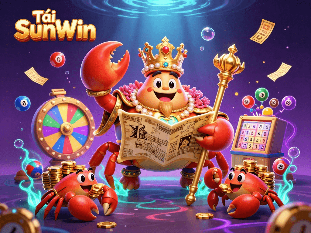 Tải SunWin showcases vibrant lottery elements with golden crab emperor among colorful gaming features.