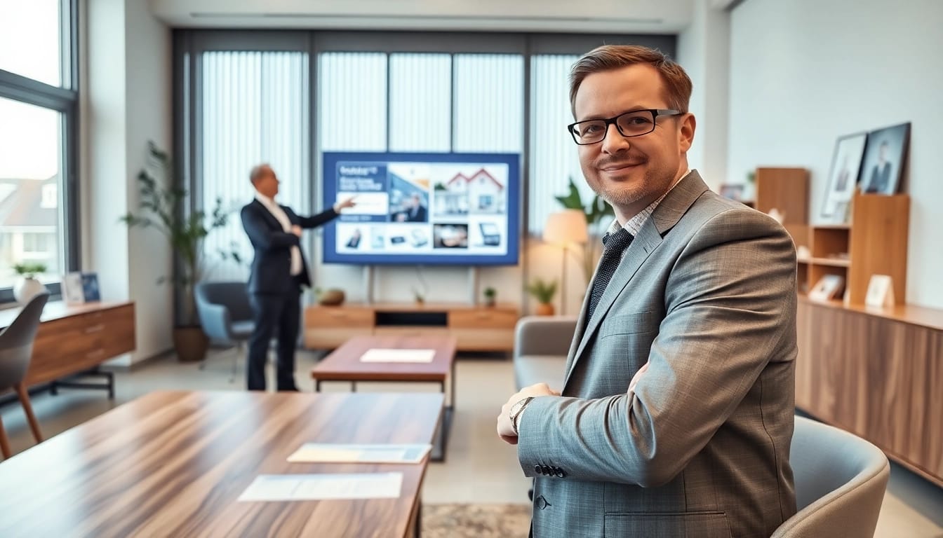 Immobilienmakler Frankfurt Eckenheim präsentiert moderne Immobilien im Licht durchfluteten Büro.