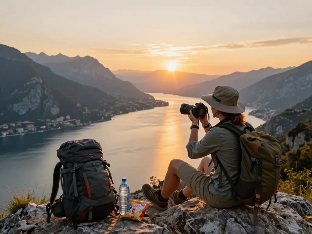 Erstaunlicher Sonnenuntergangsblick am Gardasee während eines Abenteuers im Urlaub am Gardasee, das einen Reisenden mit Kamera inmitten der Natur festhält.