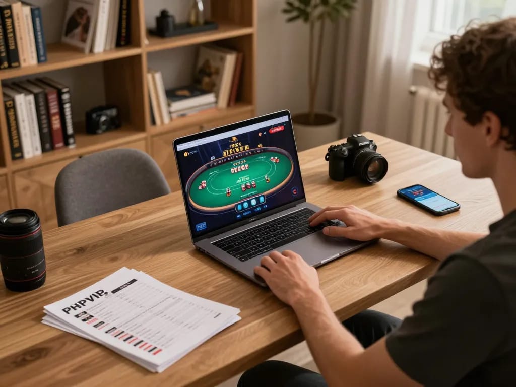 Engaged player using PHPVIP on a laptop for online gambling strategy in a home setting.