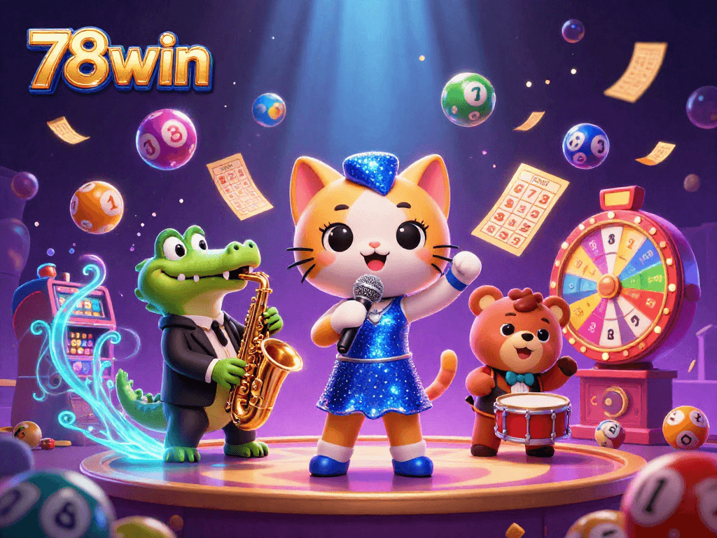 Experience thrilling wins with 78win in this vibrant casino scene featuring musical characters!
