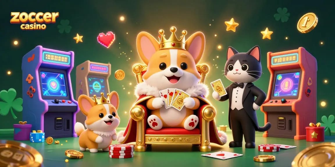 Zoccer casino attracts players with a vibrant 3D scene of a royal corgi on a poker chip throne.