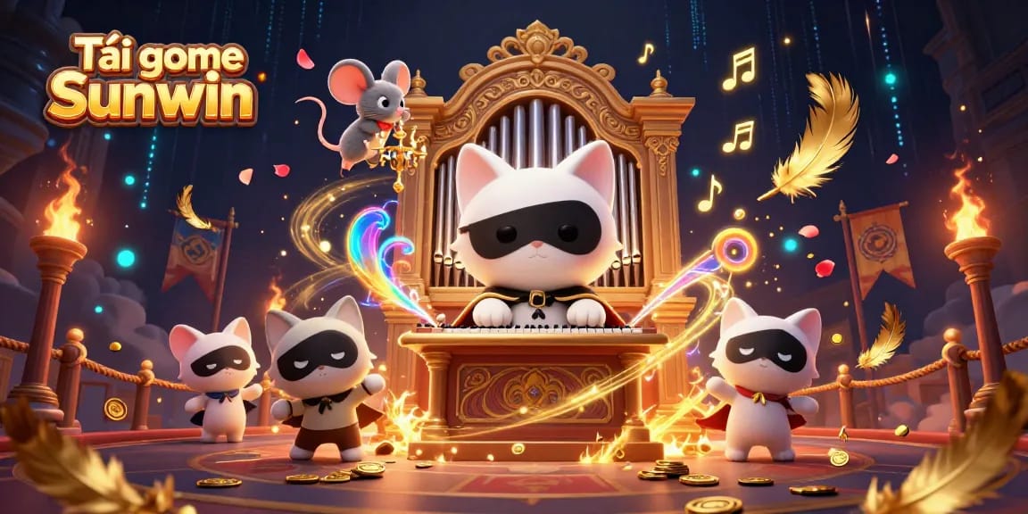 Tải game Sunwin showcasing a dynamic casino scene with a phantom cat and mouse acrobat amidst vibrant gaming elements.