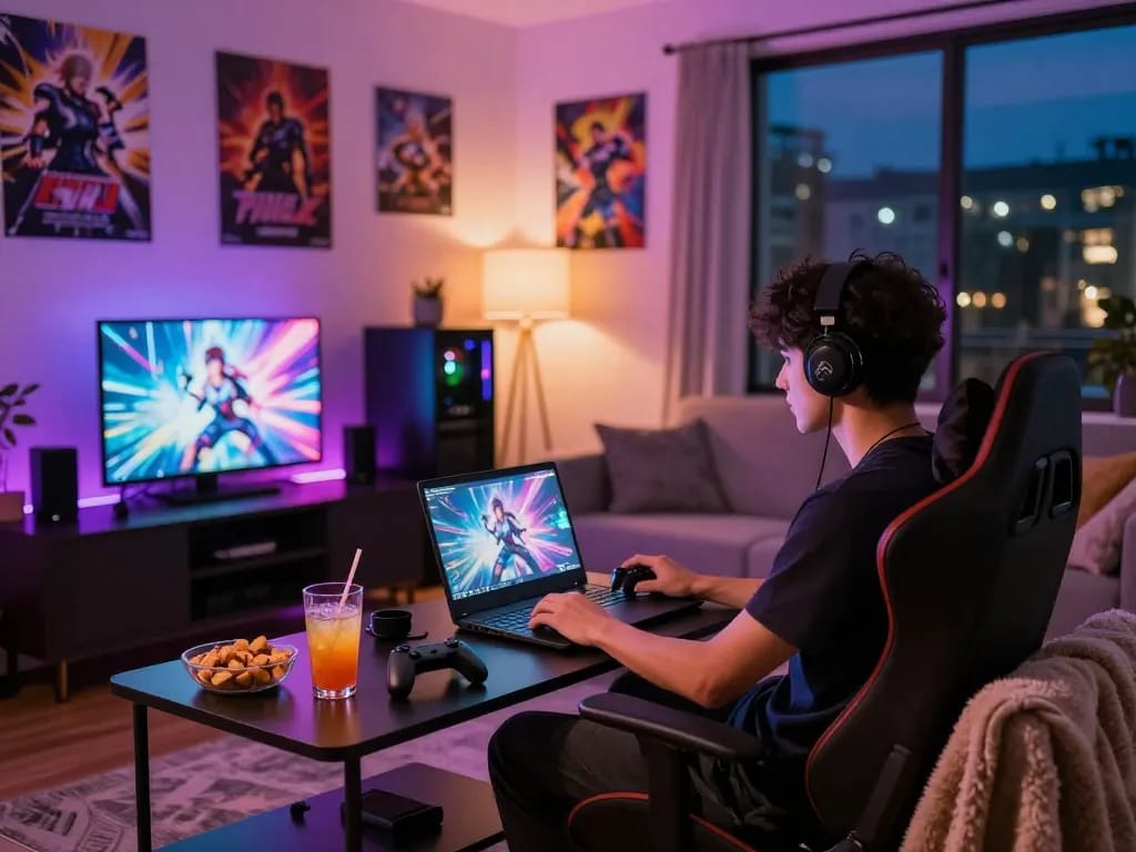 Engaging gaming scene showcasing a player enjoying a hentai game on a laptop in a vibrant living room.