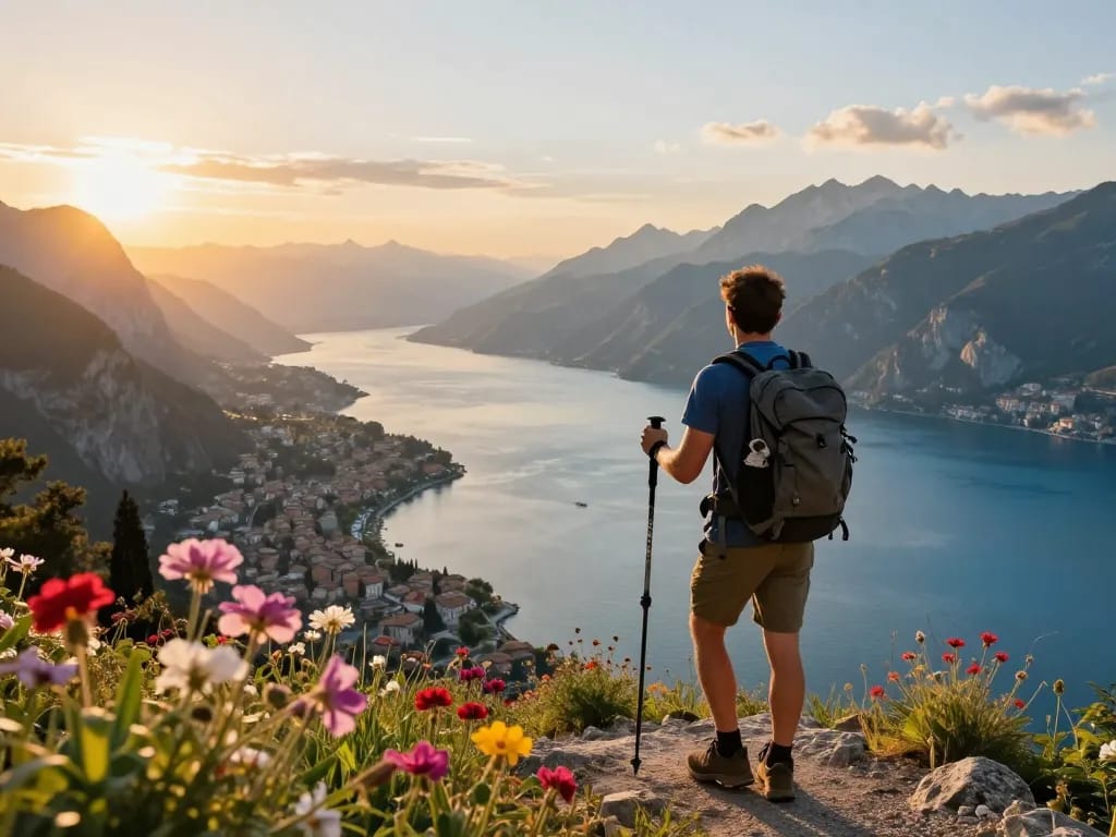 Reisender genießt Gardasee Reisetipps bei Sonnenuntergang mit atemberaubendem Blick auf den Gardasee.
