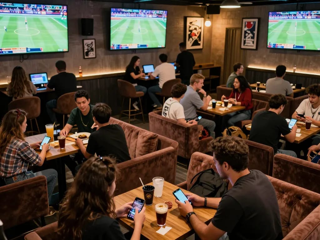 79king patrons engaging in live sports betting with mobile devices and multiple screens