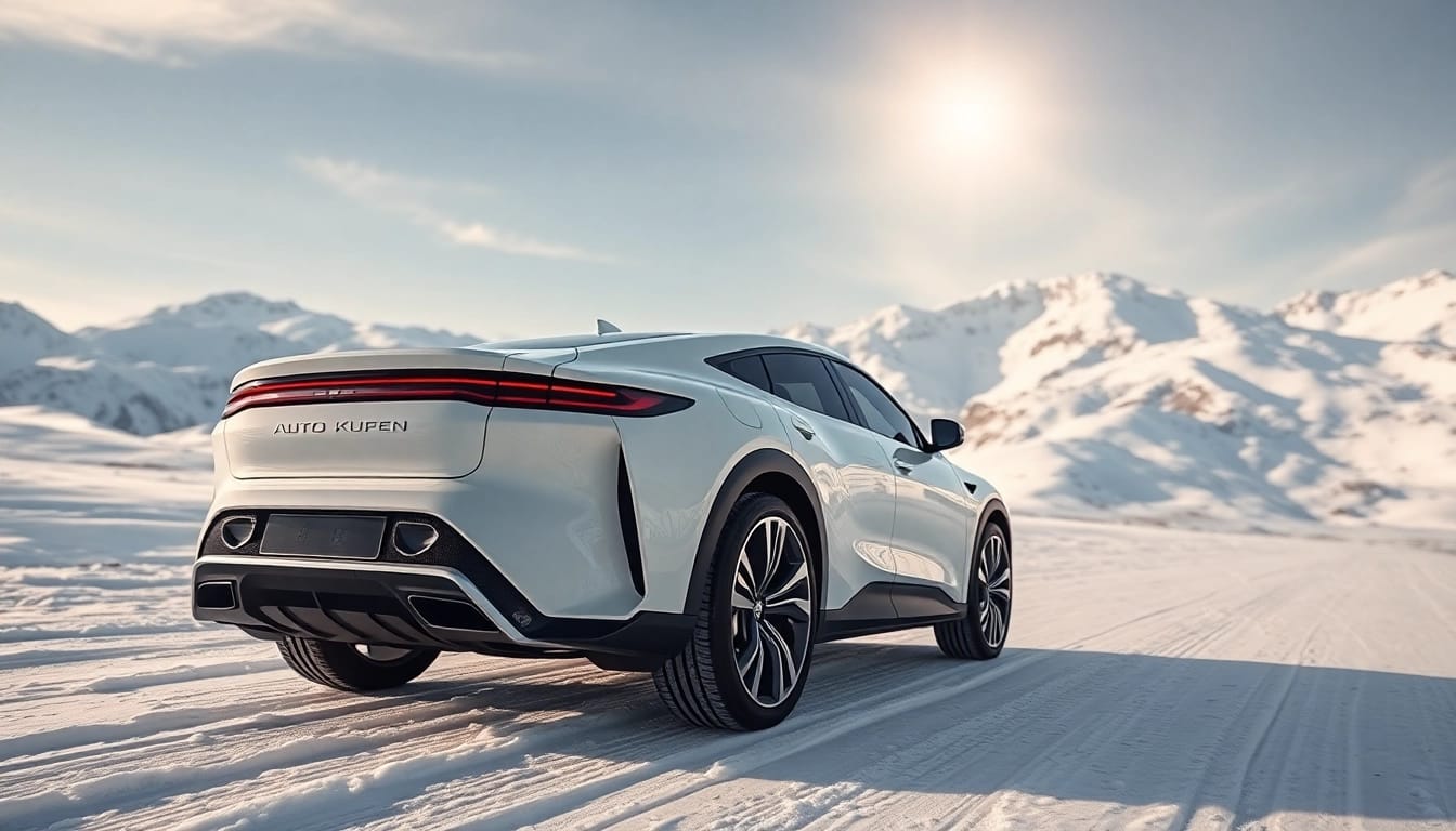 Fahre mit Auto Kufen auf einer schneebedeckten Landschaft für ein kühles Winterabenteuer.