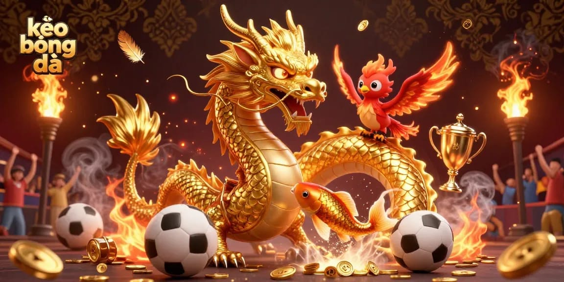Engage with kèo bóng đá as a fierce dragon soars through a dynamic sports betting scene.