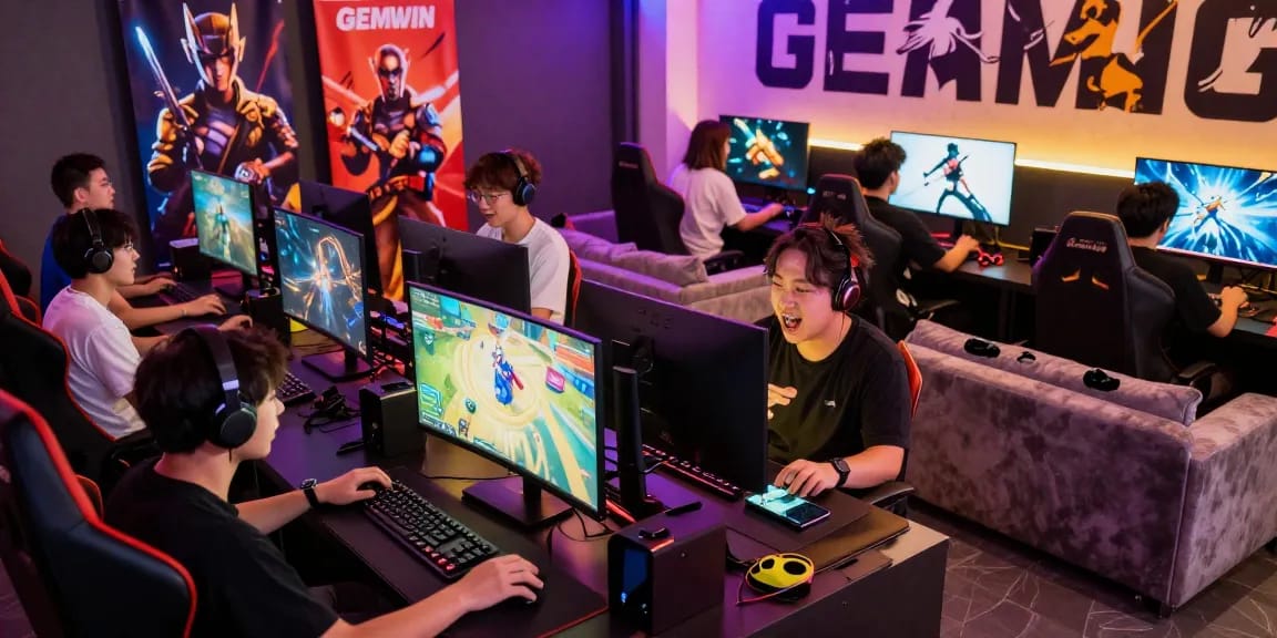 GEMWIN gaming lounge with players enjoying online games at https://gemwin.pics/ in a vibrant atmosphere.