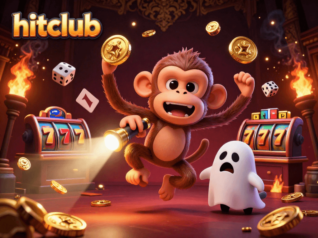 Experience the excitement of hitclub with a playful ghost monkey juggling golden casino treasures.