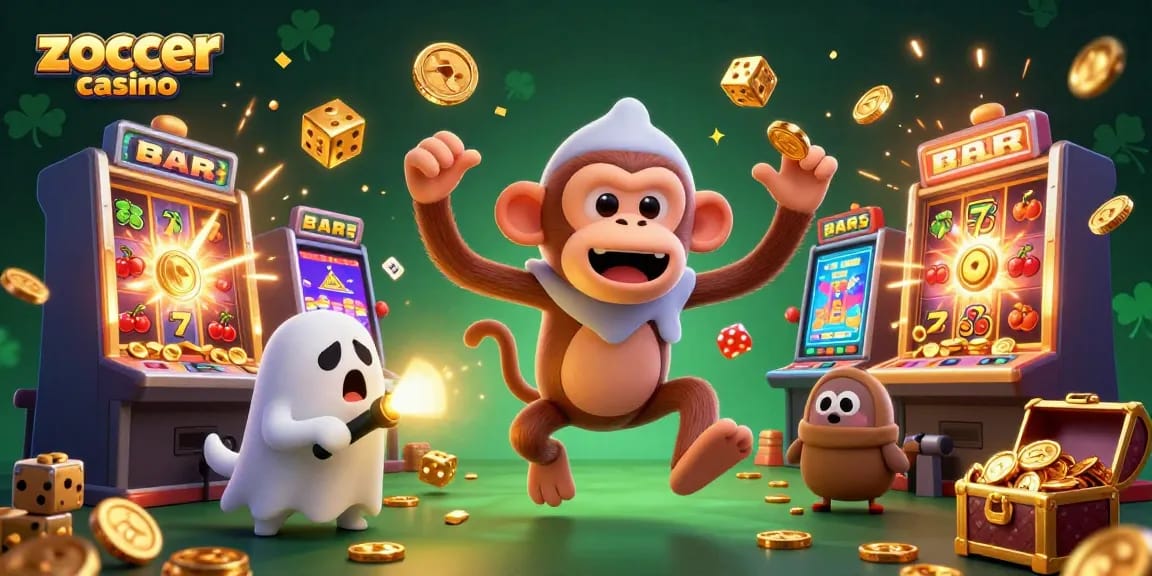 Experience exhilarating wins at Zoccer Casino with lively characters amidst vibrant slot machines.
