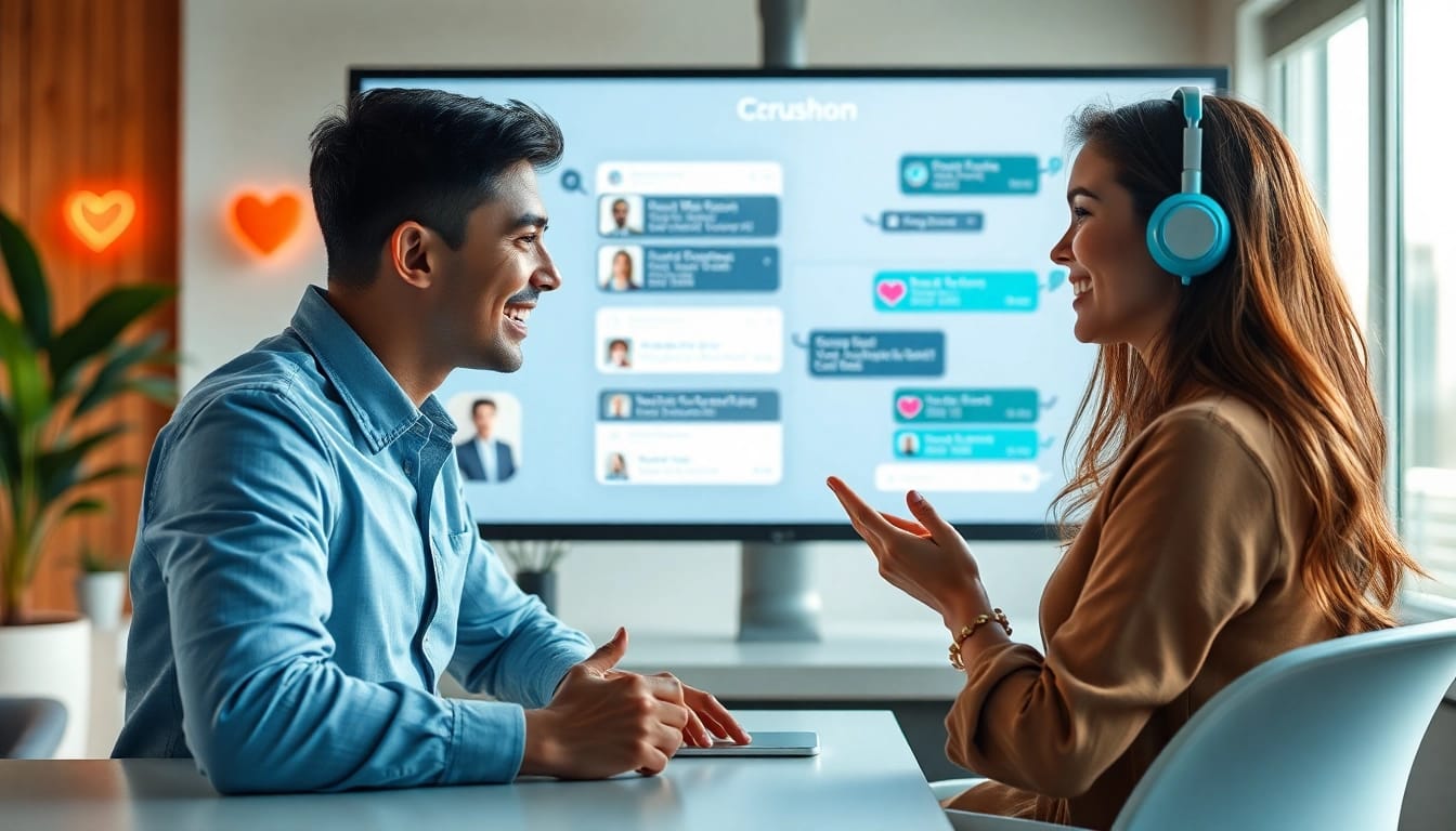 Engaging AI chat interface showcasing Crushon technology in a modern workspace.