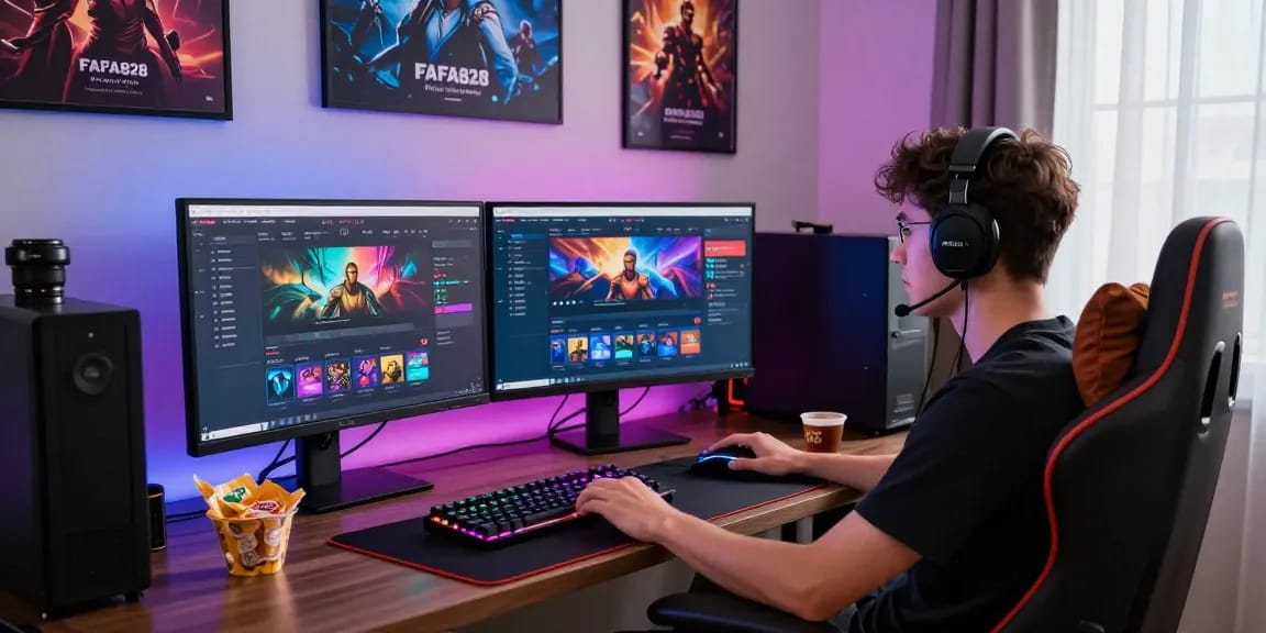 Exciting gaming setup showcasing FAFA828 online gaming platform, monitors, and vibrant accessories.