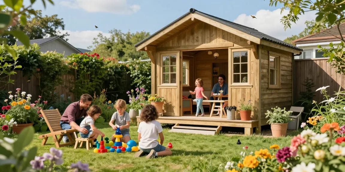 Gartenhaus kaufen im eigenen Garten mit Familie, die Möbel aufbaut und Pflanzen genießt.