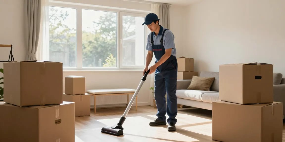 Efficient umzugsreinigung bern service showcasing professional cleaner in action in a bright, organized apartment.