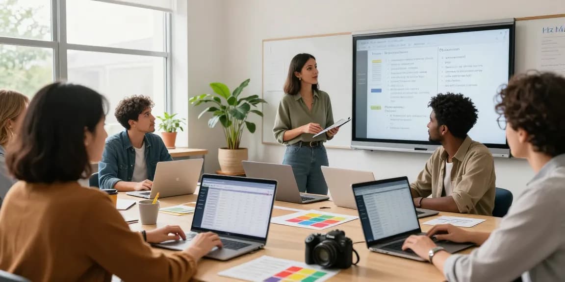Teachers collaborating using EMStudio's online teacher planner and classroom management application in a bright classroom.