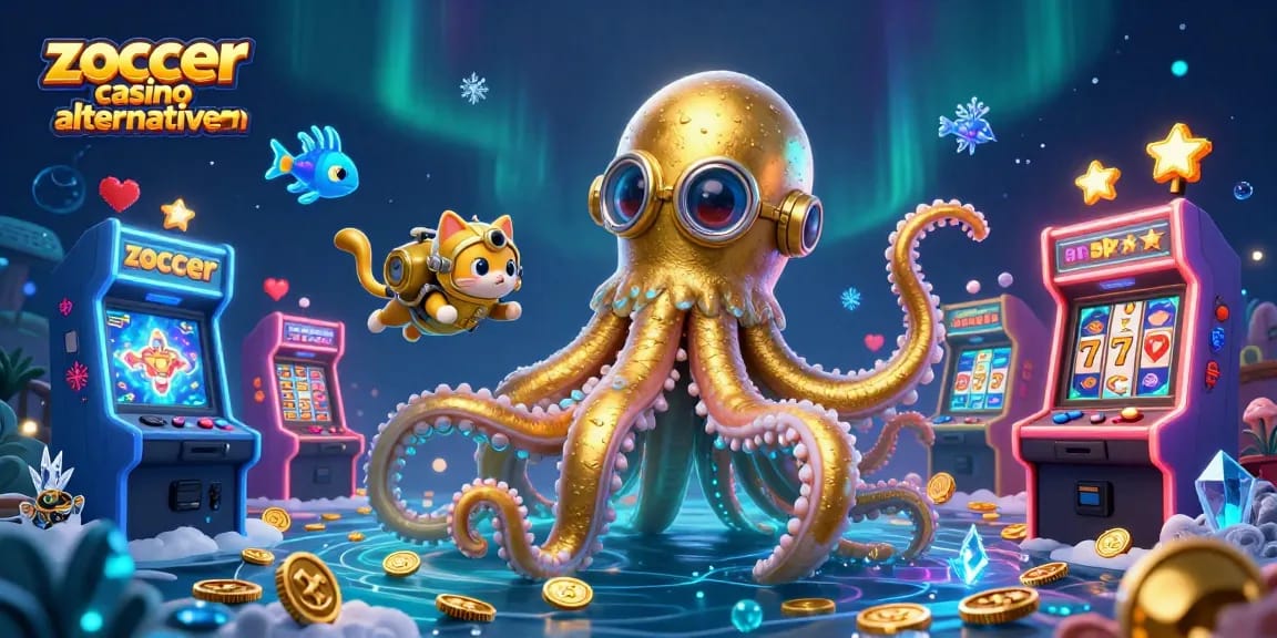 Zoccer Casino Alternativen erkunden: Ein lebendiges Bild mit einem Kraken und einem tauchenden Kätzchen, umgeben von Spielgeräten.