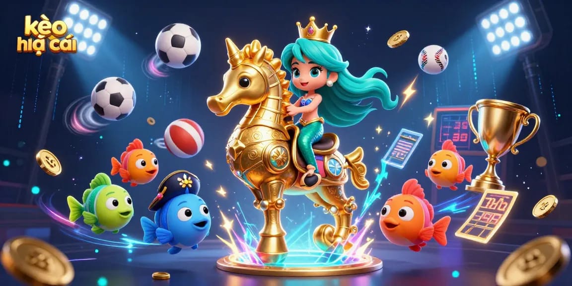 Bet on kèo nhà cái with a dynamic sports betting scene featuring a mermaid princess and seahorse.
