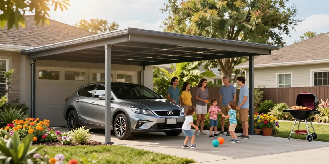 Moderne Carport-Installation mit Familie, die im Freien zusammen ist.