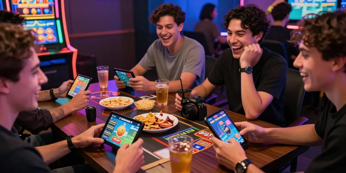 Engaging group of friends playing games on https://b52club.radio.fm/ in a lively atmosphere with vibrant gaming lights.