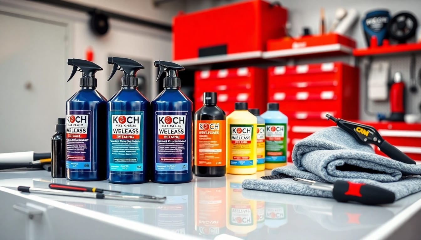 Koch Chemie Produkte auf einem professionellen Autopflege-Arbeitsplatz mit glänzenden Oberflächen.