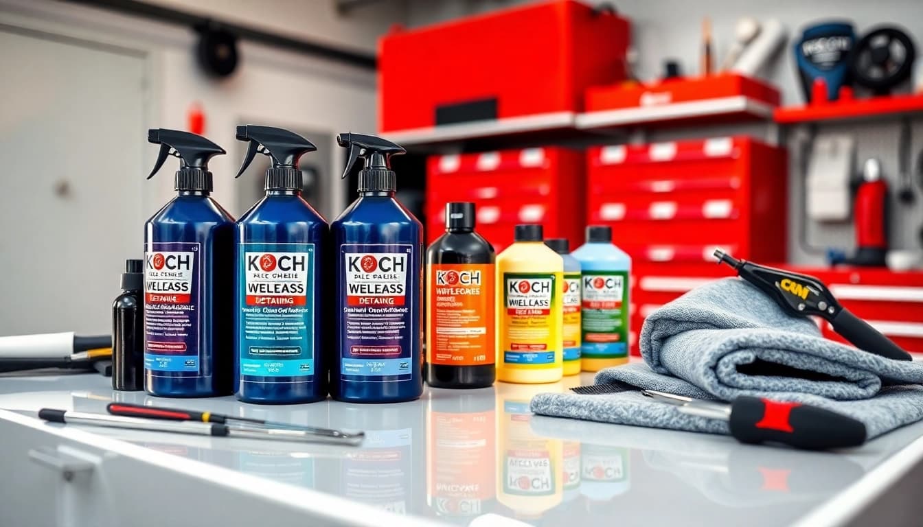 Koch Chemie Produkte auf einem professionellen Autopflege-Arbeitsplatz mit glänzenden Oberflächen.