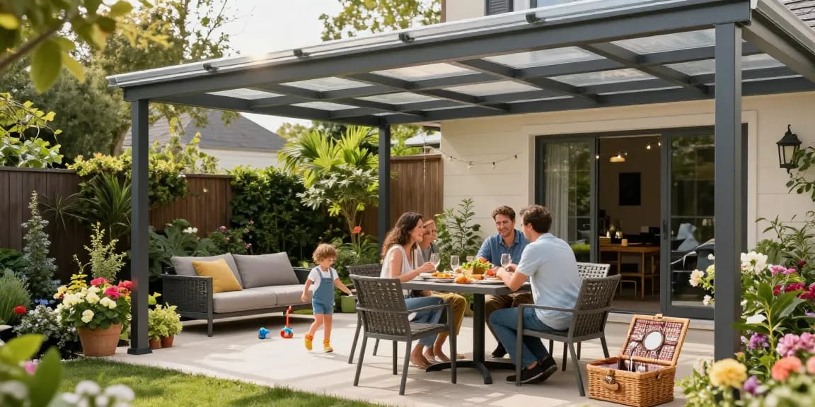 Elegante Terrassenüberdachungen schaffen einen einladenden Gartenraum für die ganze Familie.