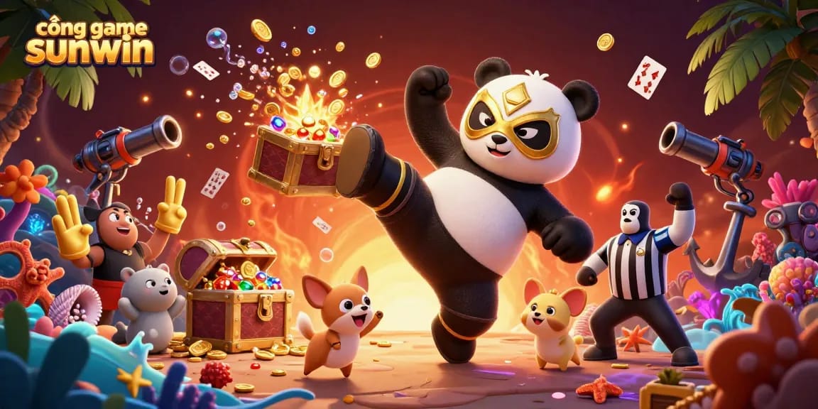 Witness the excitement of cổng game sunwin as a panda wrestler dazzles in a vibrant casino scene filled with treasures.