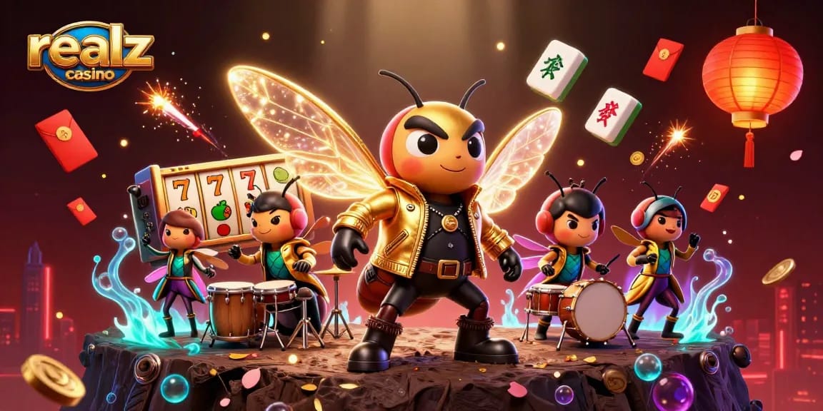 Experience the excitement of realz casino with a vibrant 3D scene of a rock star and energetic characters.