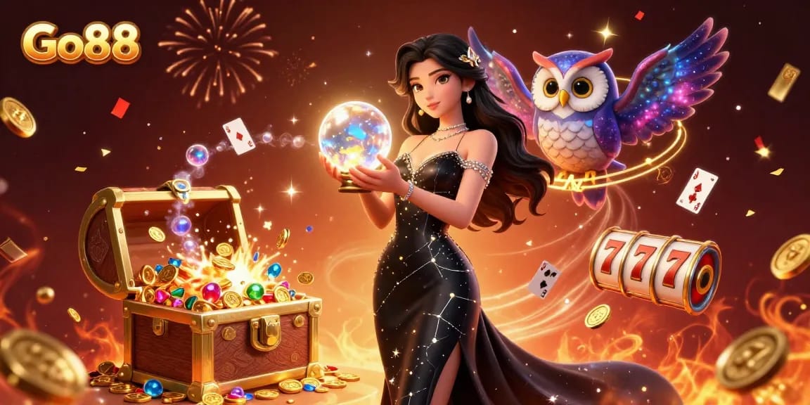 Engage in the luminous world of Go88 with enchanting characters amidst a vibrant casino scene.