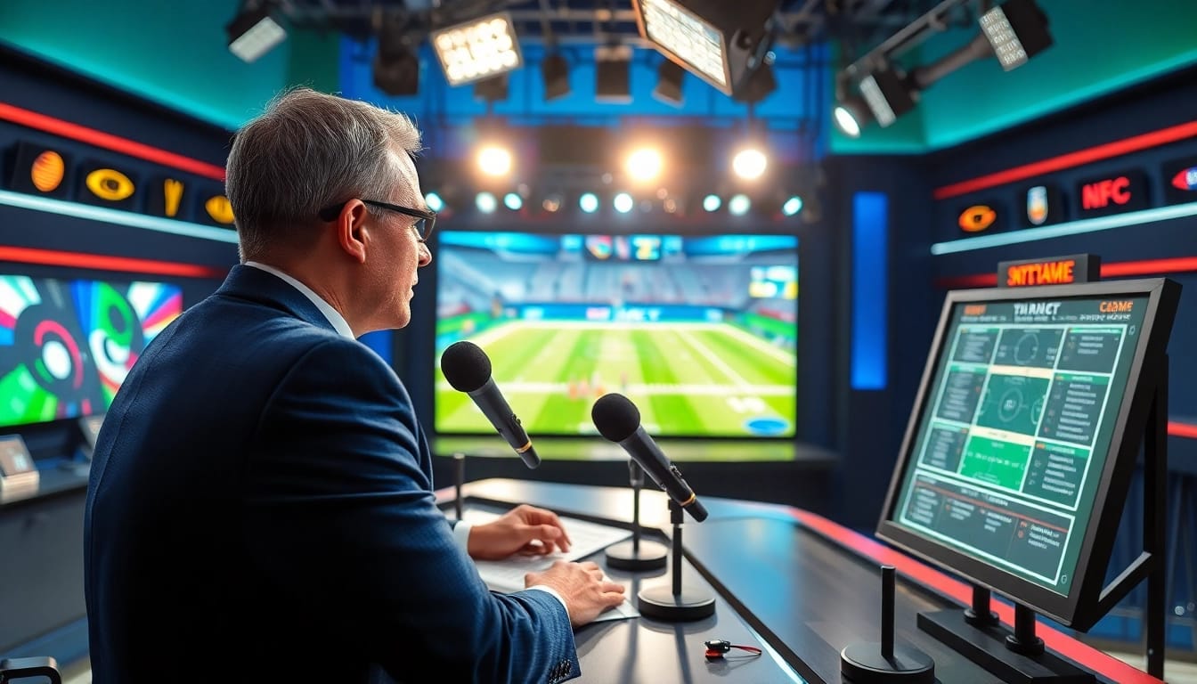 Dynamic scene of sports broadcasting commentator engaging viewers with insights about live games.
