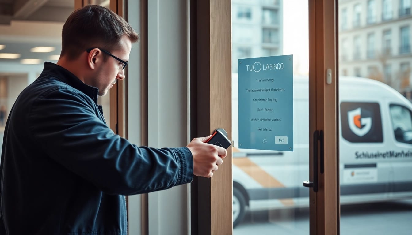 Erfahrener Schlüsseldienst-Mitarbeiter bei der Arbeit, der Schlüsseldienstleistungen in Mannheim mit modernen Werkzeugen in urbaner Umgebung demonstriert.