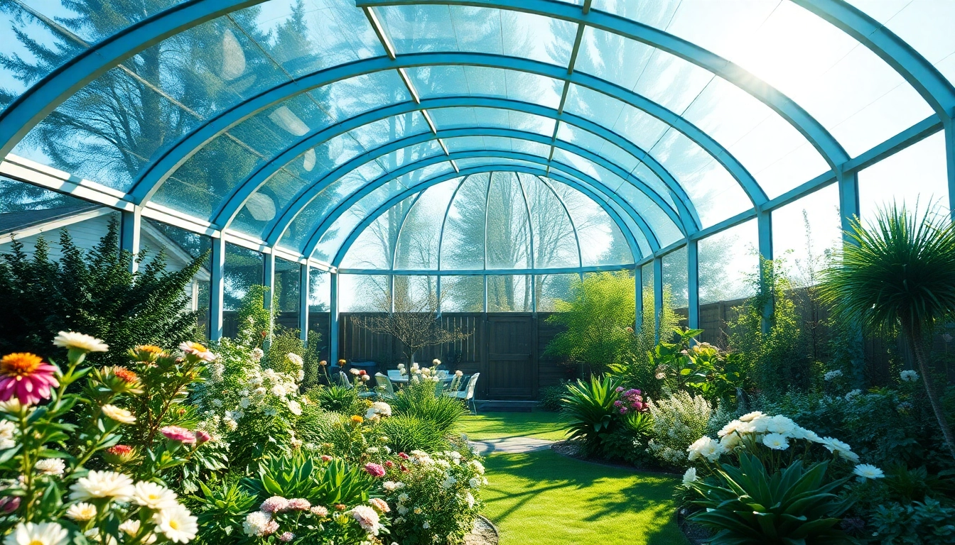 Wintergarten mit modernem Design, umgeben von bluehenden Pflanzen und natuerlichem Licht.