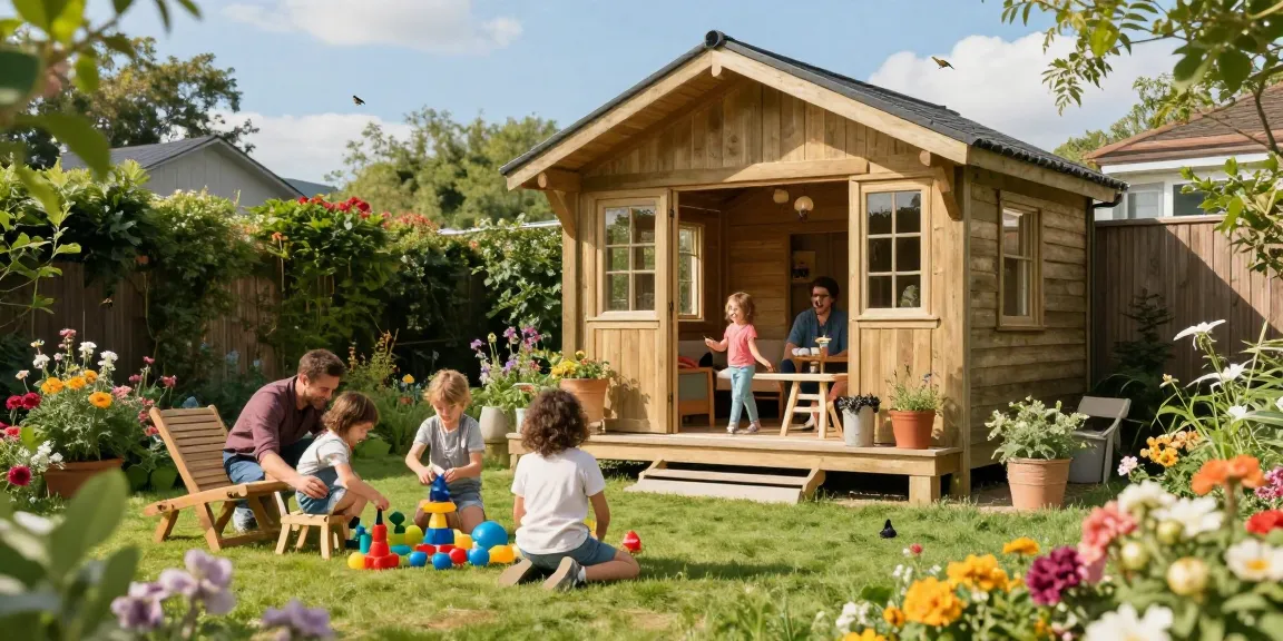 Gartenhaus kaufen im eigenen Garten mit Familie, die Möbel aufbaut und Pflanzen genießt.