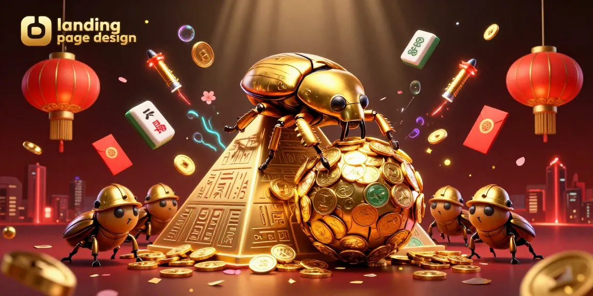Engage with landing page design showcasing a golden beetle theme with vibrant casino elements.