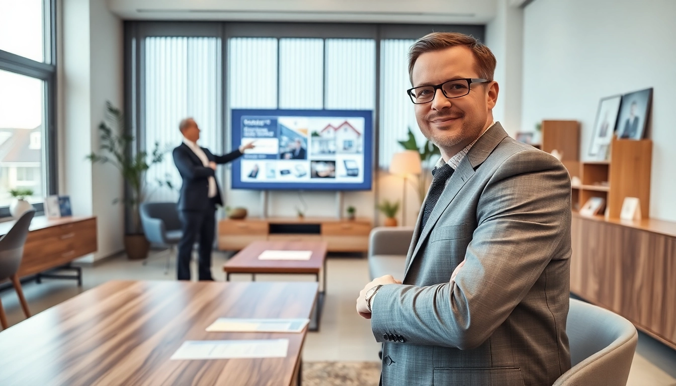 Immobilienmakler Frankfurt Eckenheim präsentiert moderne Immobilien im Licht durchfluteten Büro.