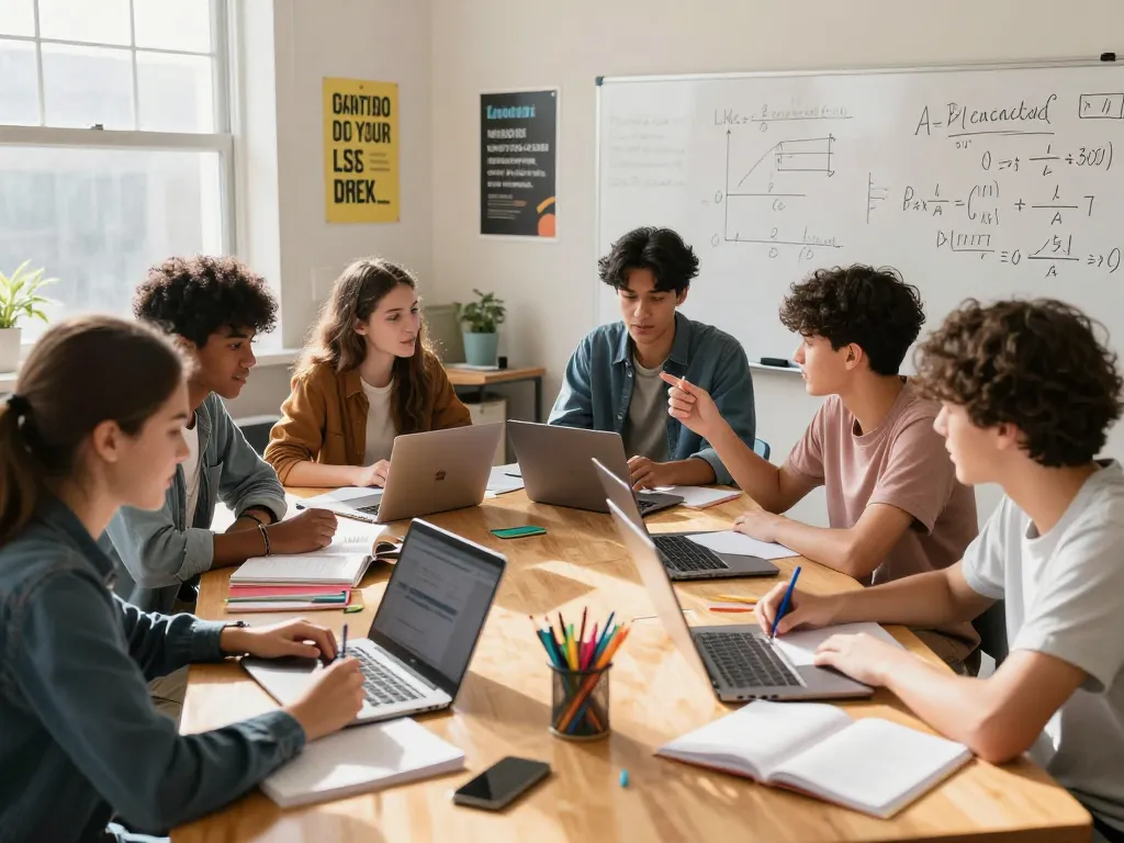 Studierende arbeiten gemeinsam an Hausaufgaben in einer hellen Lernumgebung mit Laptops und Lehrbüchern.